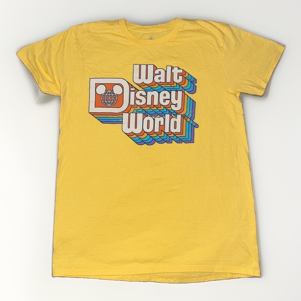 Vintage Walt Disney World Retro Rainbow Logo T-Shirt Size L Yellow Theme Park
